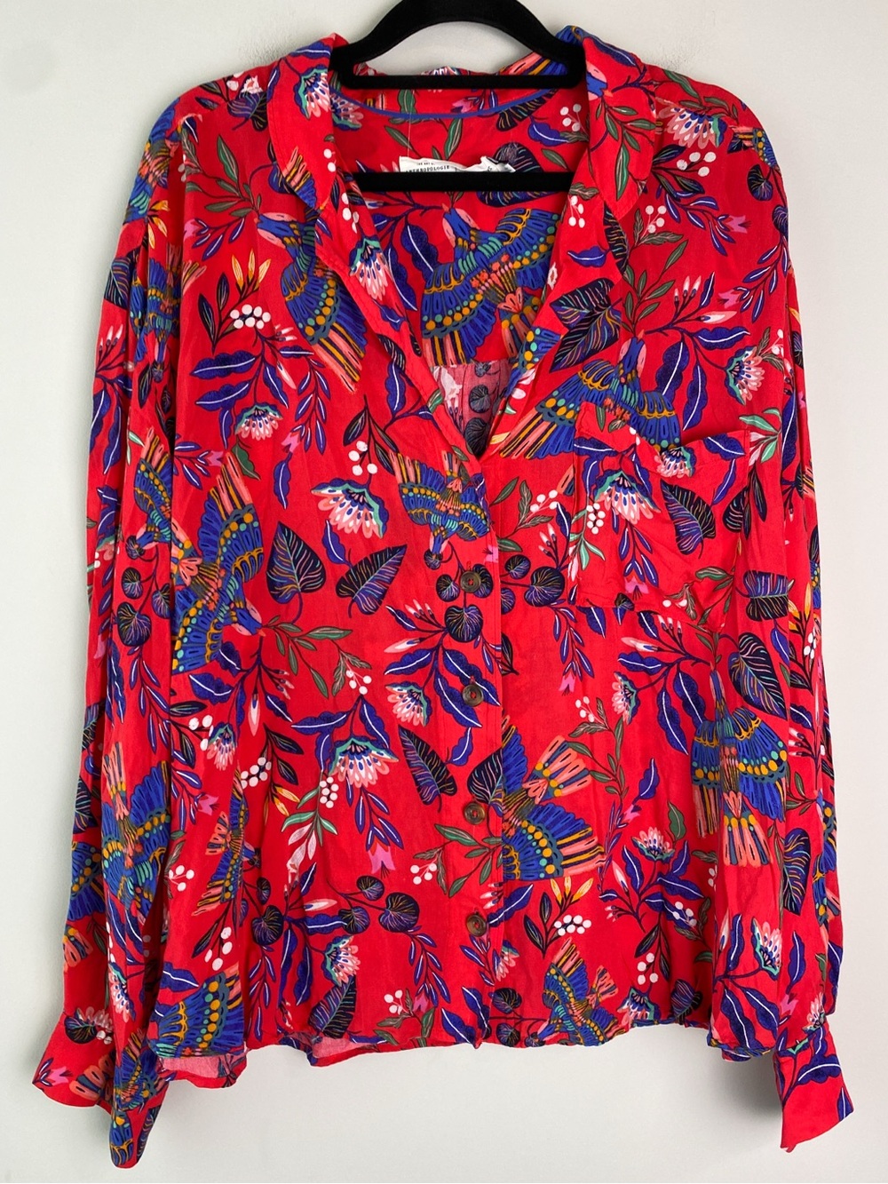 Anthropologie Super Nice Letters Womens Elysa Button Up Shirt XL Red Floral Bird